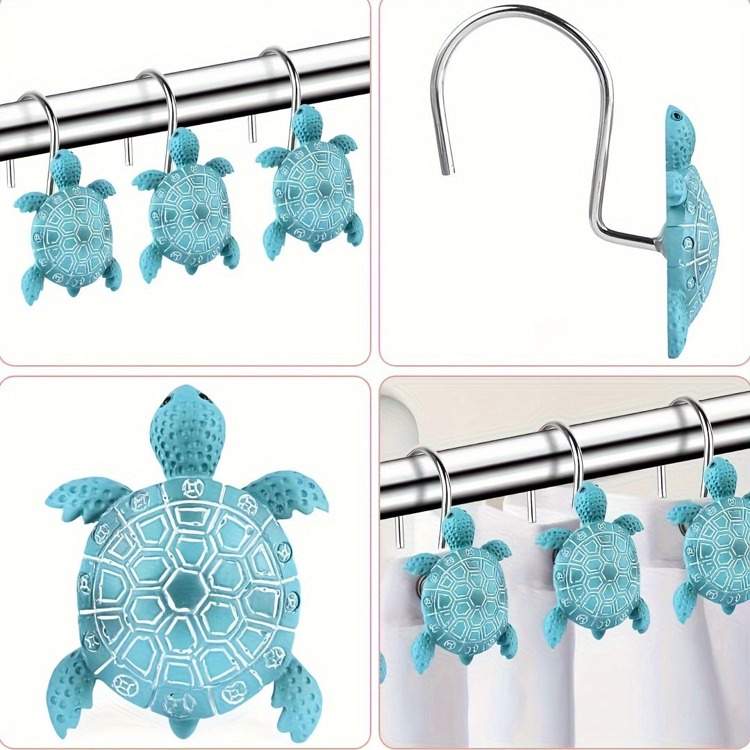 12 Pcs Turtle Shower Curtain Hooks - Rustproof Resin Sea Animal Design for Bathroom Decor, High Load-bearing Decorative Curtain Hangers