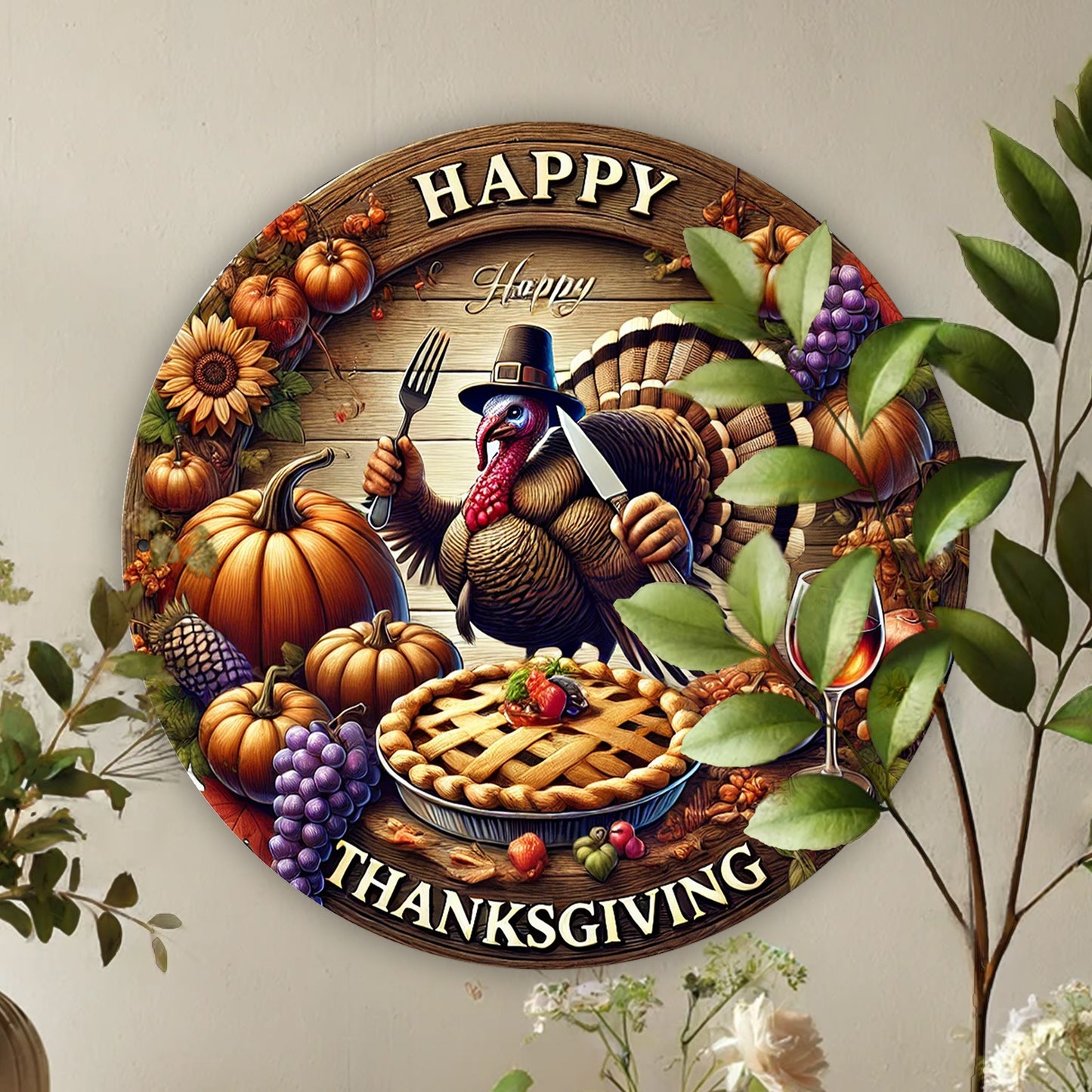 Happy Thanksgiving 2D Metal Sign: Festive Fire Turkey And Pumpkin Autumn Decoration - Suitable for Home, Kitchen, Garden, Patio - Versatile Indoor/Outdoor Art for Windows, Porches, Walls