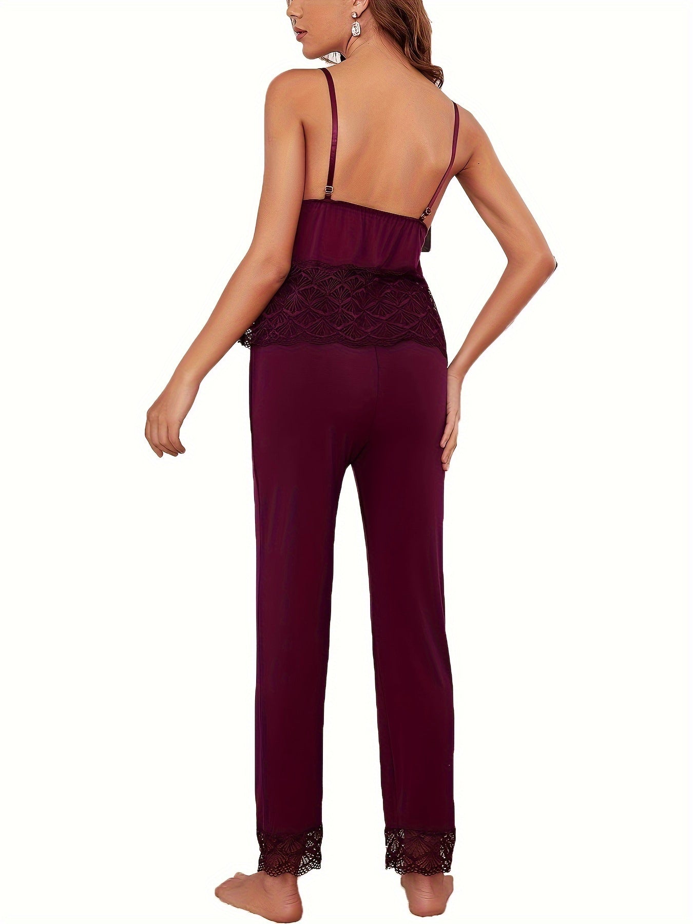 Women's Sexy Solid Contrast Lace Pajama Set, V Neck Backless Cami Top & Pants, Comfortable Relaxed Fit