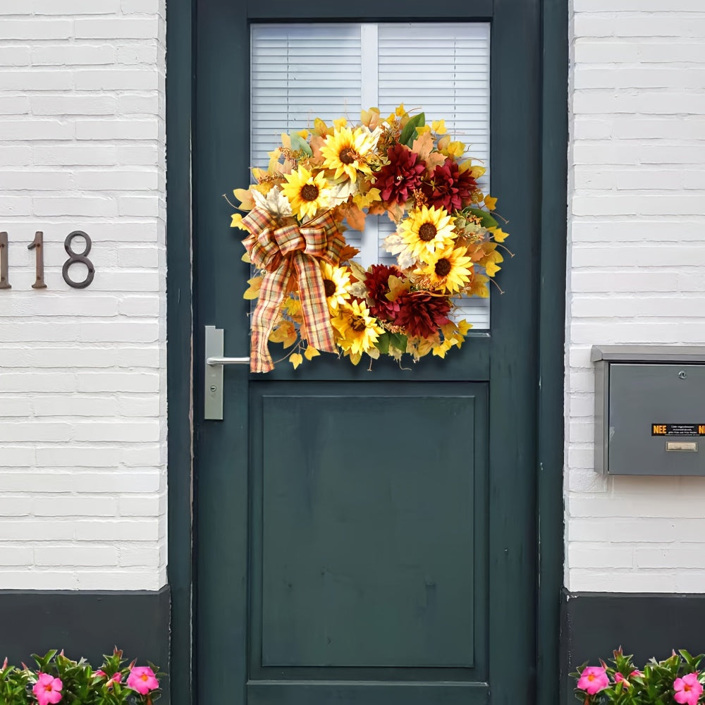 Autumn Harvest Wreath: Classic Sunflowers and Leaves Door Decor, No Feathers, Battery-Free