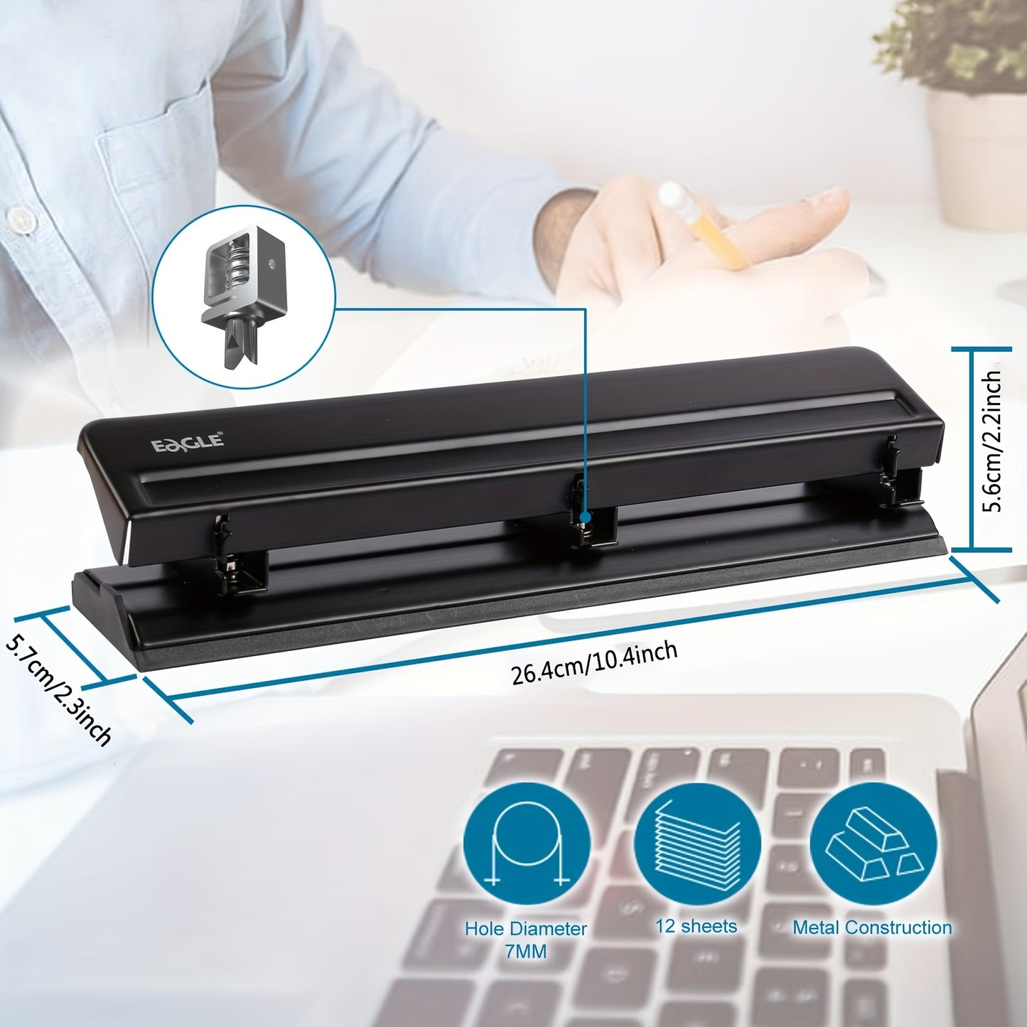 1pc 12 sheet Heavy Duty Eagle 3 Hole Punch - All-Metal Construction, High Punching Capacity for Efficient Paper Punching