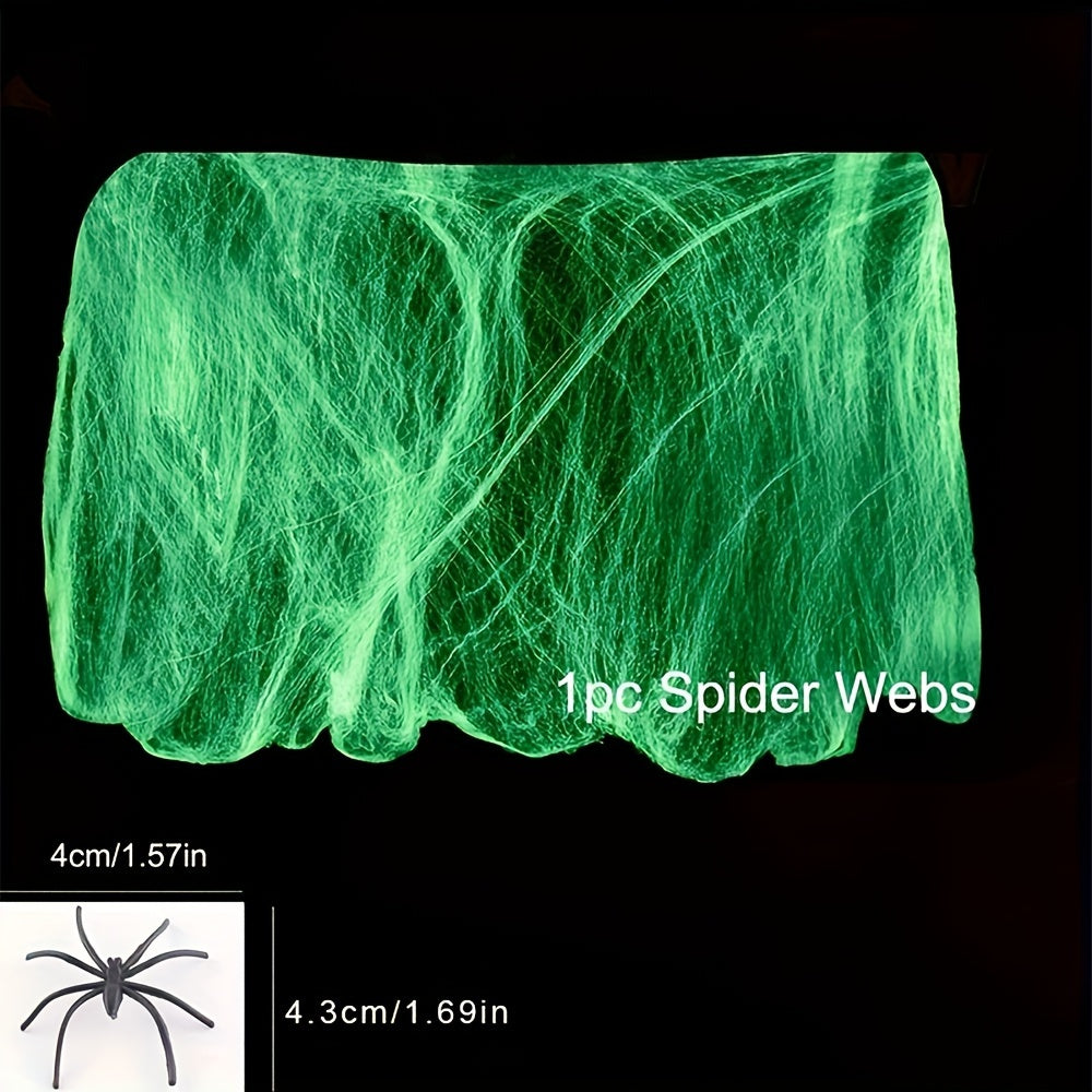 Halloween Glow-in-the-Dark Cotton Spider Web Decoration - 1PC Stretchable Fake Cobweb with Spiders for Indoor/Outdoor Hanging Decor, No Feathers, No Electricity Required