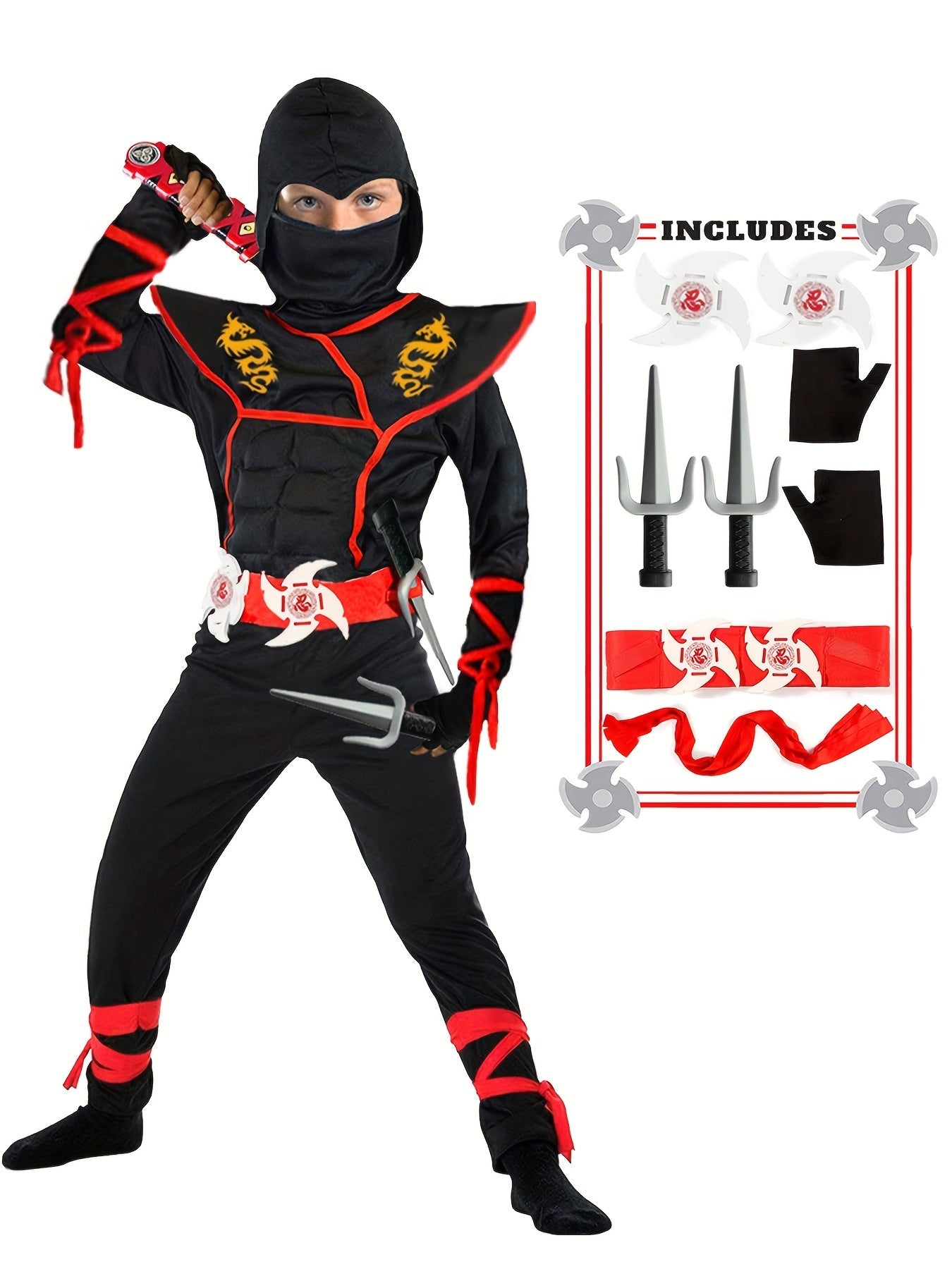 Deluxe Ninja Costume Set for Boys, Muscle Ninja Outfit with Geometric Pattern, Halloween Role-Play, Polyester Spandex Blend, Over 3 Years Old