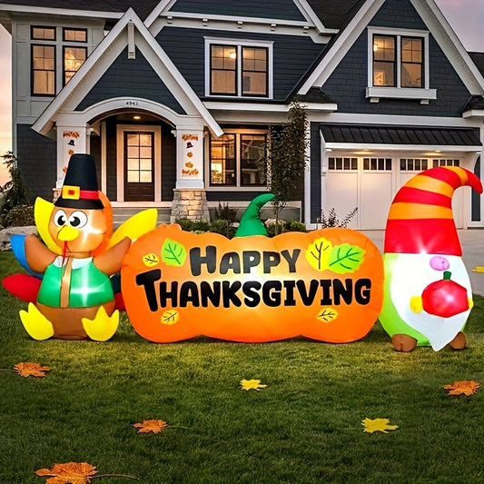 KOOY 8FT Inflatable Turkey Gnome, Thanksgiving Banner Inflatables Outdoor Decorations With Colorful Tail LED Lights, Blow Up Yard Decorations For Holiday Outdoor, Fall Garden, Lawn Décor Autumn Harvest