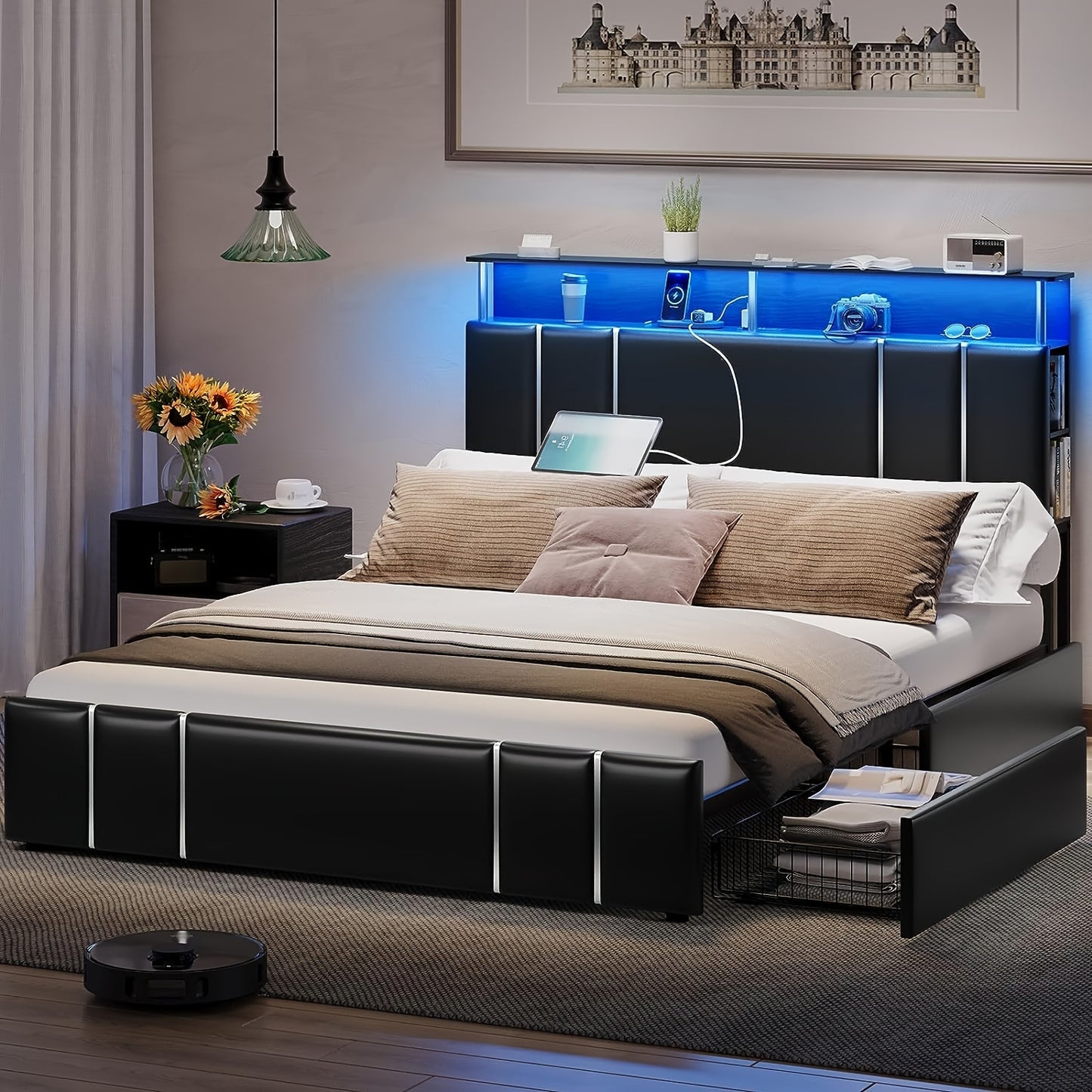 Bed Frame with Bookcase Headboard and Drawers, Leather Upholstered with Charging Station and LED Lights, Silver Iron Decor