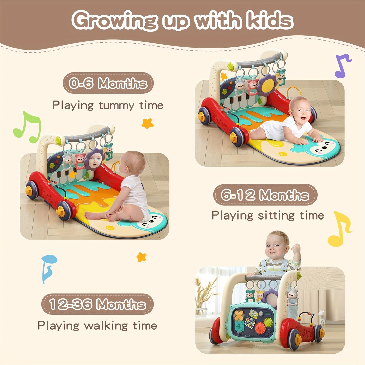 Dearlomum 3 in 1 baby play mat, baby gym floor activity center toy, baby walker, toddler pusher, multifunctional piano music toy, kids gift As Halloween, Christmas Gift