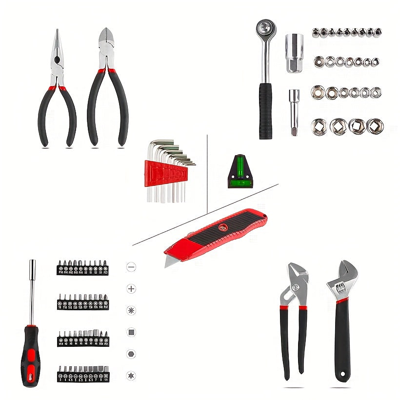 95 Piece Red Home Tool Kit, General Home Repair Tool Set with Portable Toolbox for Home Garage Office College Dormitory Use, Adjustable Wrench Pliers Socket Bits, Plastic Toolbox