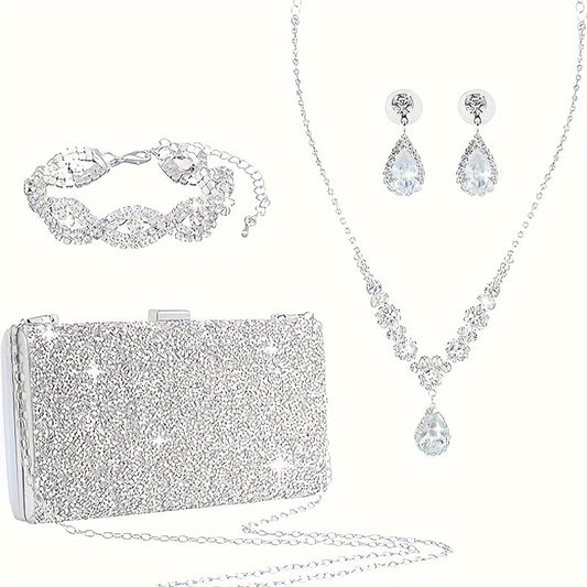 Fashion Silver Rhinestone Clutch Purse with Detachable Strap and Jewelry Set – Polyester Evening Bag with Buckle Closure, 4 Piece Accessory Set for Bridal Prom Party Including Crystal Earrings, Necklace, and Bracelet