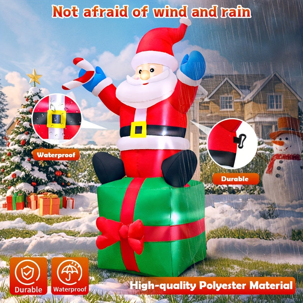 KOOY 6FT Christmas Inflatables Santa Claus Sitting On Gift Box, Christmas Blow Up Yard Decoration, LED Lights For Christmas Party Holiday Xmas, Outdoor Lawn Décor Christmas Decoration