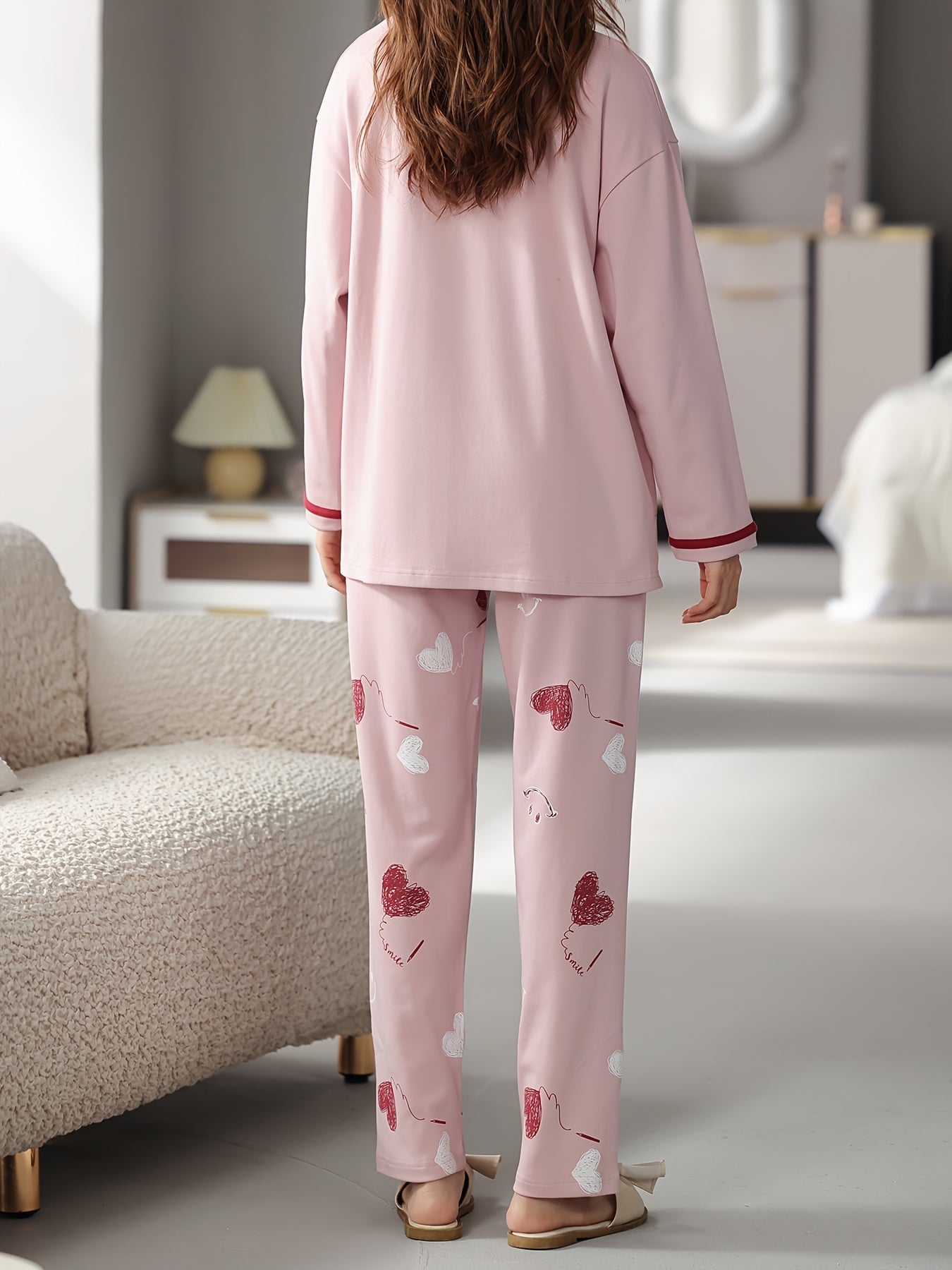 Women's Heart & Smiling Face Print Casual Pajama Set, Long Sleeve V Neck Top & Pants, Comfortable Relaxed Fit For Fall