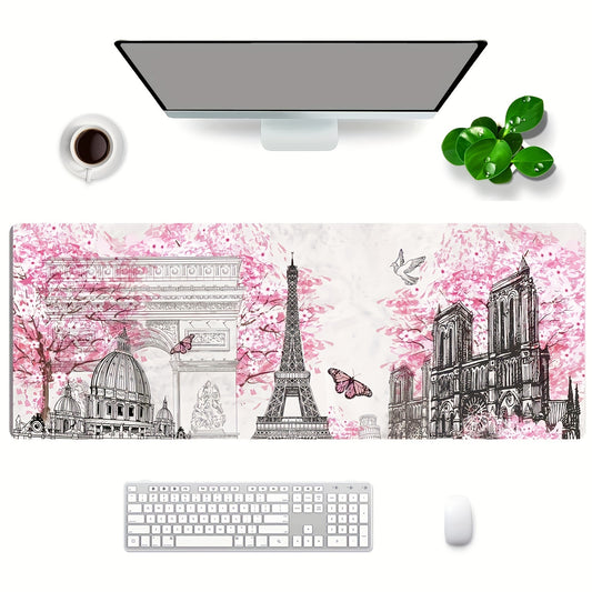 Tower Butterfly" Non-Slip Rubber Base Mouse Pad with Stitched Edges - Perfect for Office, Study, and Desk Decor, 31.5x11.8 inches