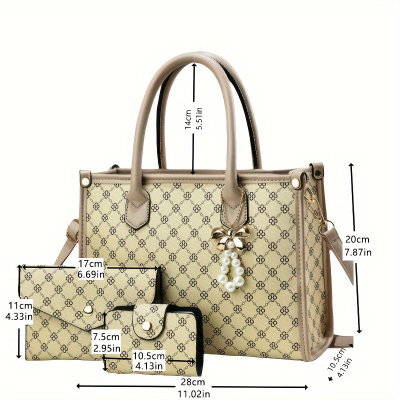 Elegant 3pcs Women's Fashion Bag Set with Geometric Pattern, Detachable Strap & Pearl Accents - Lightweight Faux Leather