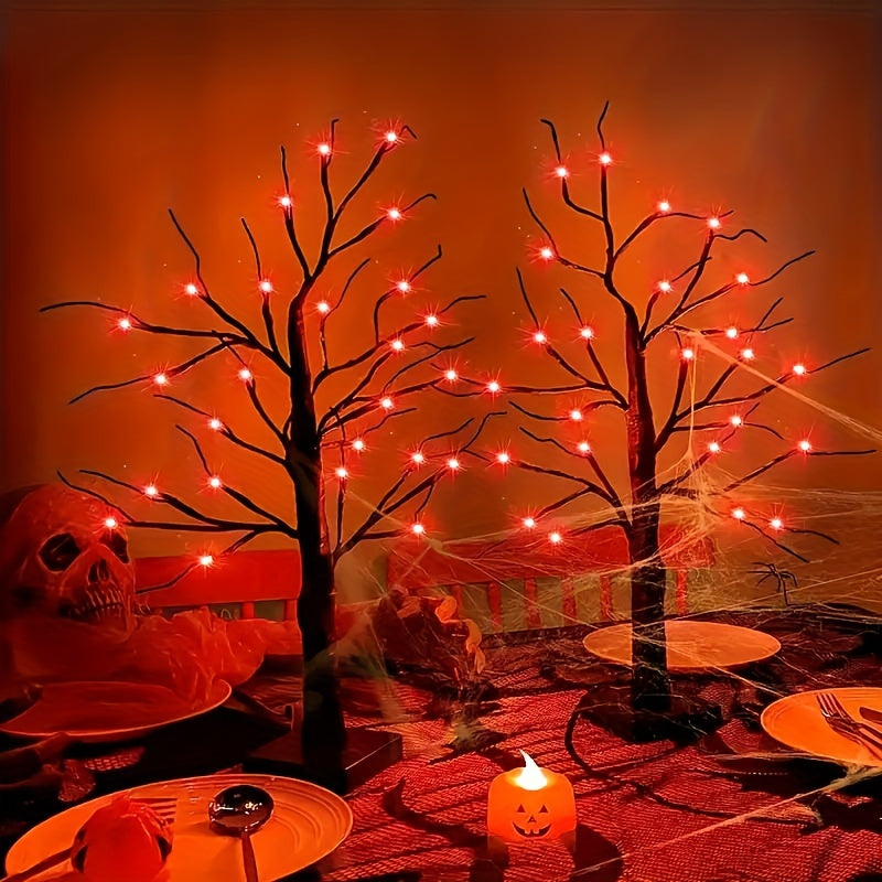 2 Pack, Halloween Party Decoration Artificial Tree Lights, Purple And Orange 24 LED Lights, 18 Mysterious Tree Light Accessories Comes With Random Gift, Powered By AA Batteries And USB