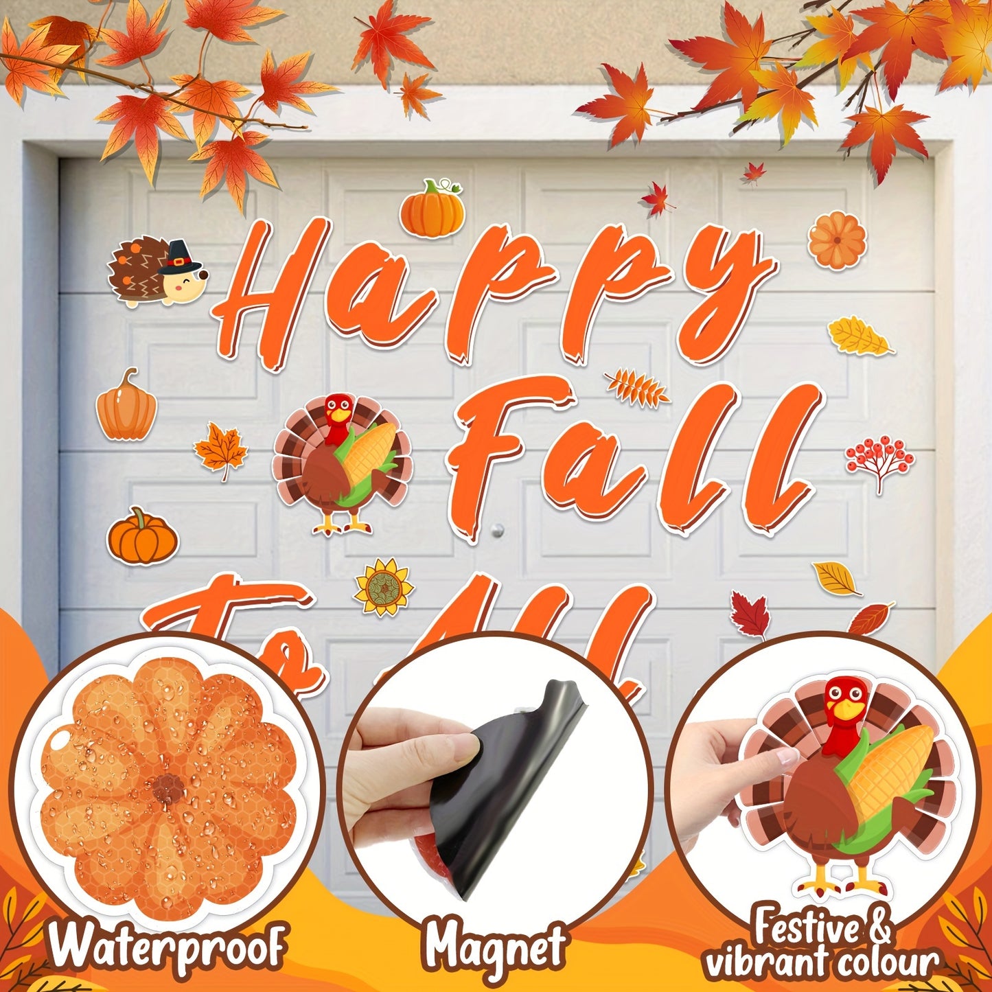 Fall Garage Door Decorations Magnets, 38pcs Happy Fall Garage Door Magnetic Decor, Reflective Autumn Car Magnetic Decals Outdoor, Thanksgiving Pumpkin Turkey Stickers For Refrige Mailbox