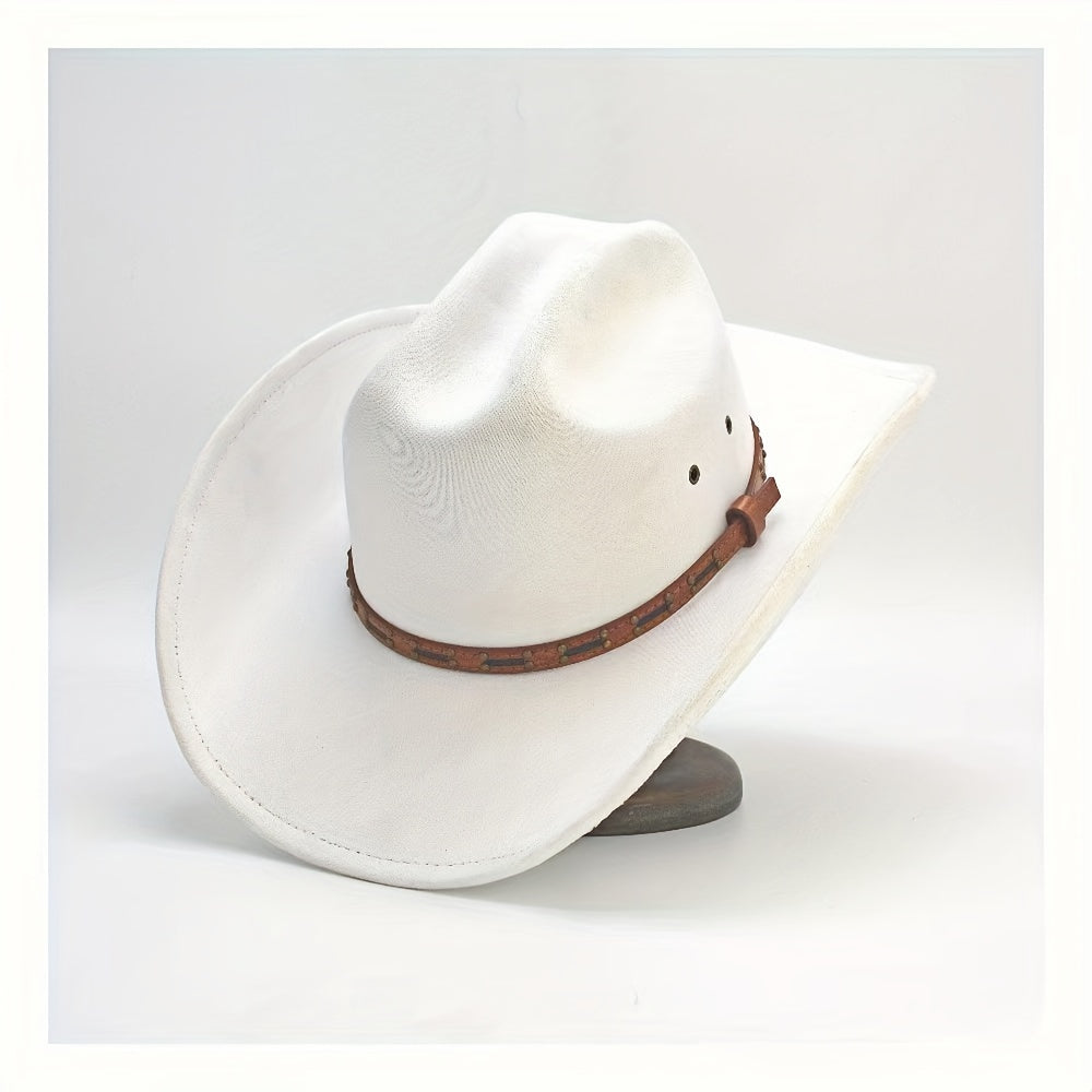 Premium Faux Leather Cowboy Hat - Classic Red-Brown with Vintage Belt, Breathable Wide Brim for Men & Women, Includes Durable Support & Elegant Gift Box