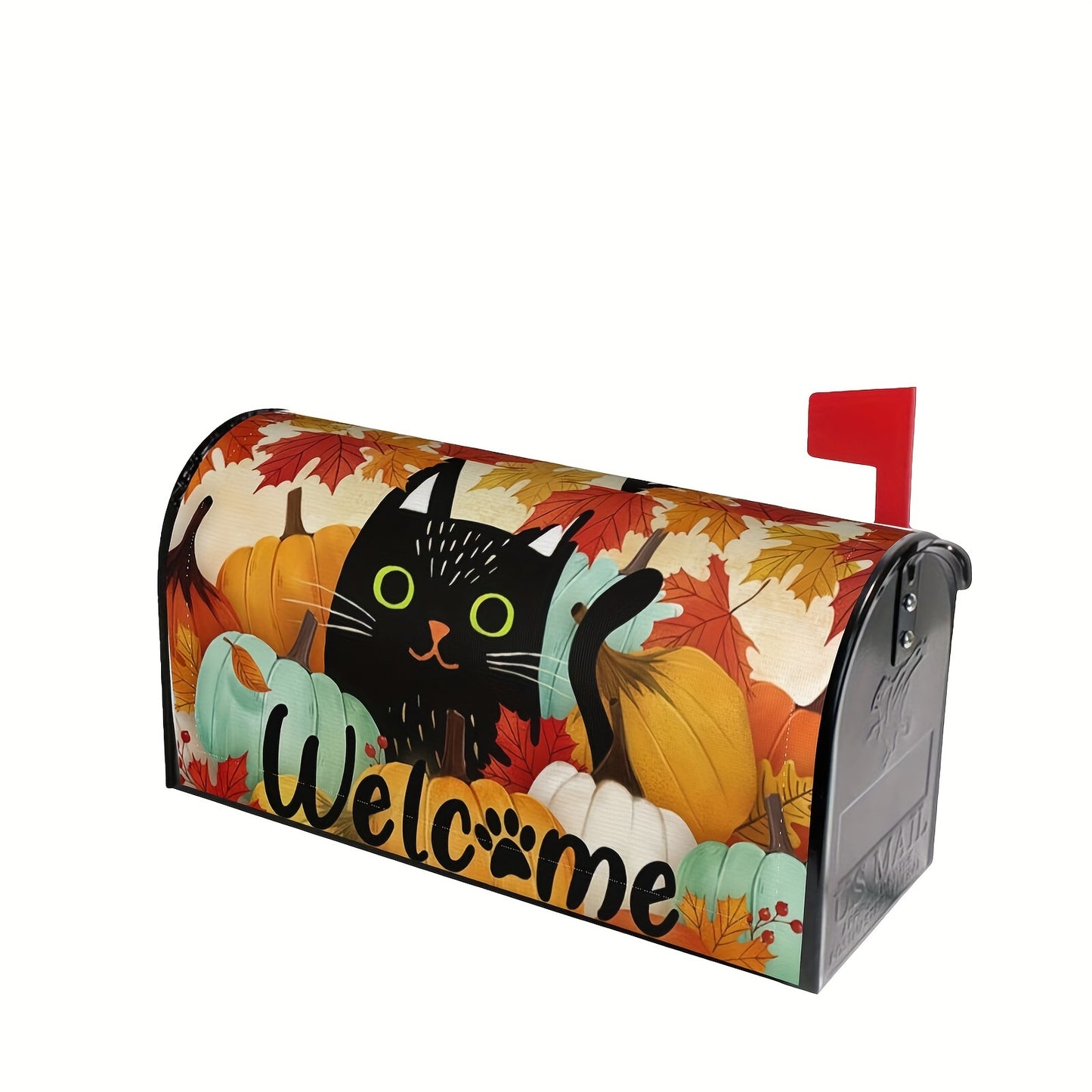 Autumn Black Cat Mailbox Cover with Pumpkin and Maple Leaf Design, Welcome Magnetic Mailbox Wrap for Standard Size, Outdoor Thanksgiving Farmhouse Decor, Easy Install, 21"x18" - 1pc