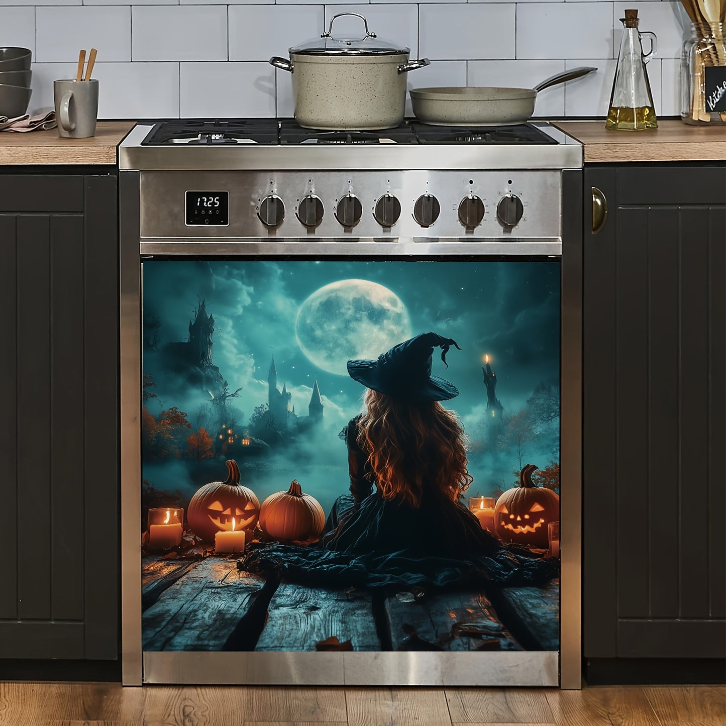 Halloween Pumpkin & Girl Kitchen Decor - Vinyl Dishwasher & Refrigerator Magnet Cover, Stainless Steel, Removable, 23"X25.5