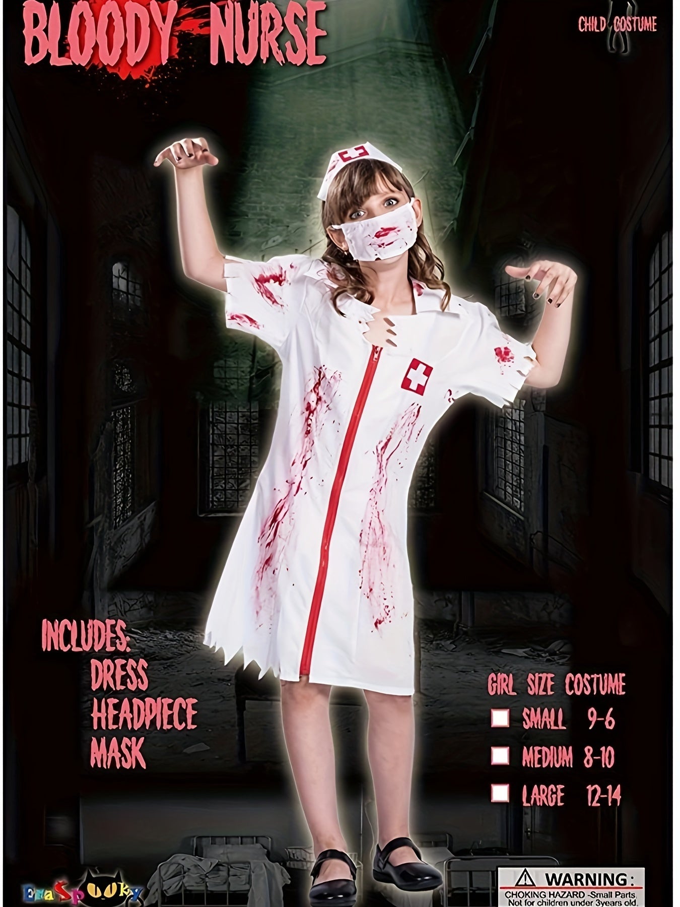 EraSpooky Girl's Halloween Zombie Nurse Dress with Headpiece and Mask