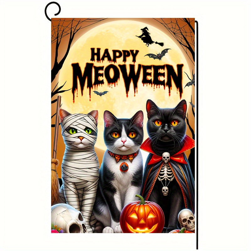 Spooky Halloween Cat Banner with Mummy, Vampire & Witch - Versatile Indoor/Outdoor Decor for Garden & Patio