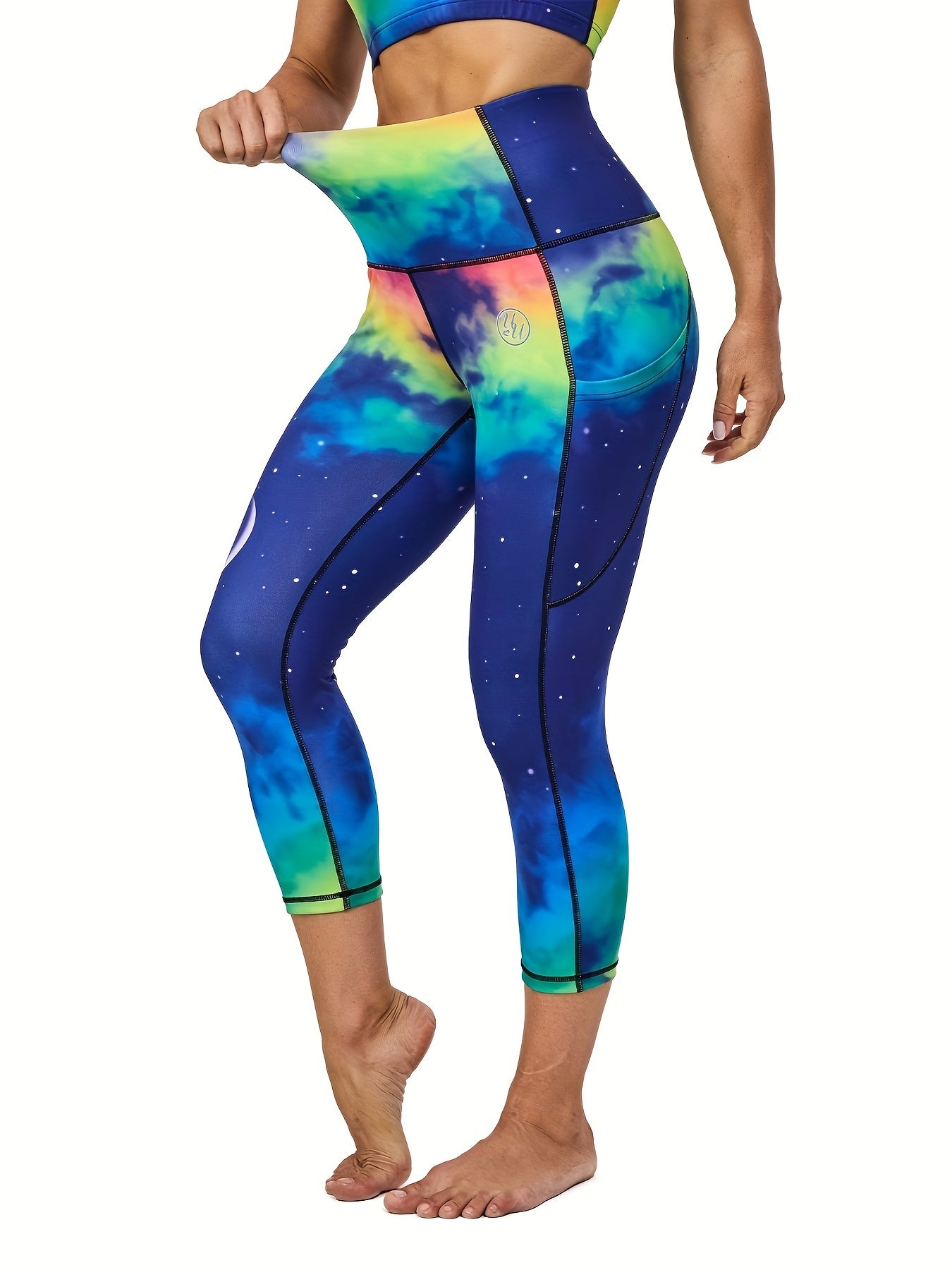 Large Size Seven Quarter Pants Yoga Women's Sports Leggings Printed Leggings Cinched, Lifted Hips High Waist Side Pockets Two Piece Set