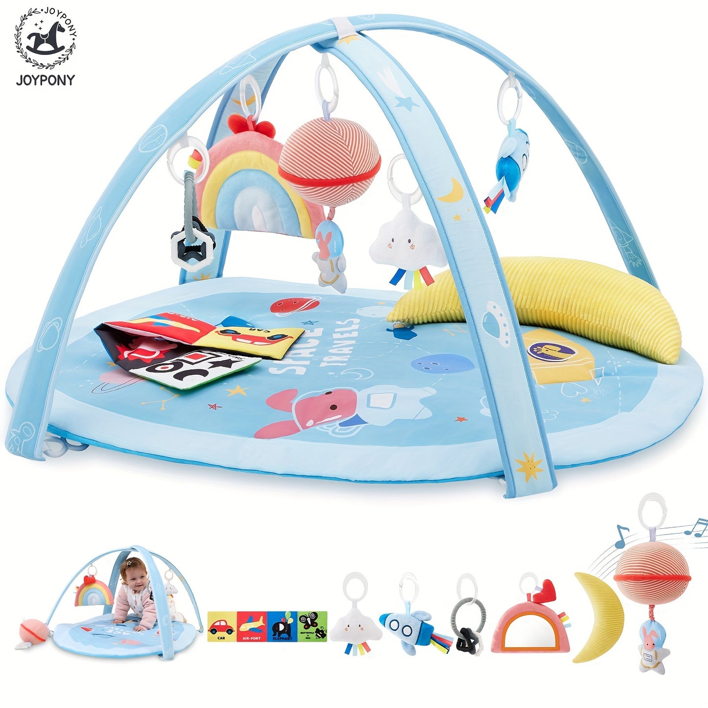 Baby Play Gym, Thick Soft Tummy Time Mat with 7 Detachable Toys, Activity Gym with Musical, Mirror, Teething Ring, Sensory & Hanging for Babies 0-6 12 Months Newborn to Toddler Gifts