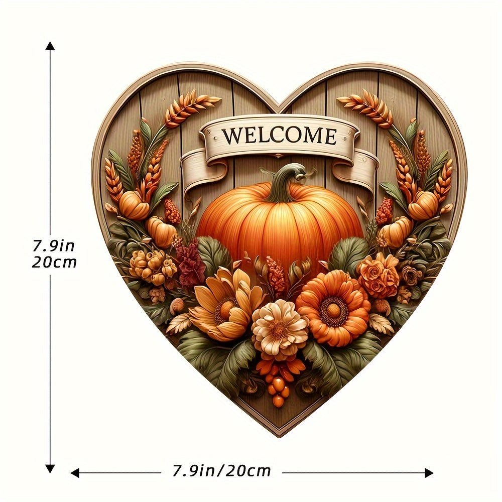 Charming Pumpkin Welcome Sign - 7.9"x7.9" Heart-Shaped Wooden Autumn Harvest Decor for Home, Cafe, Bar, Porch & Farm - Perfect for Fall & Holiday Wall Art