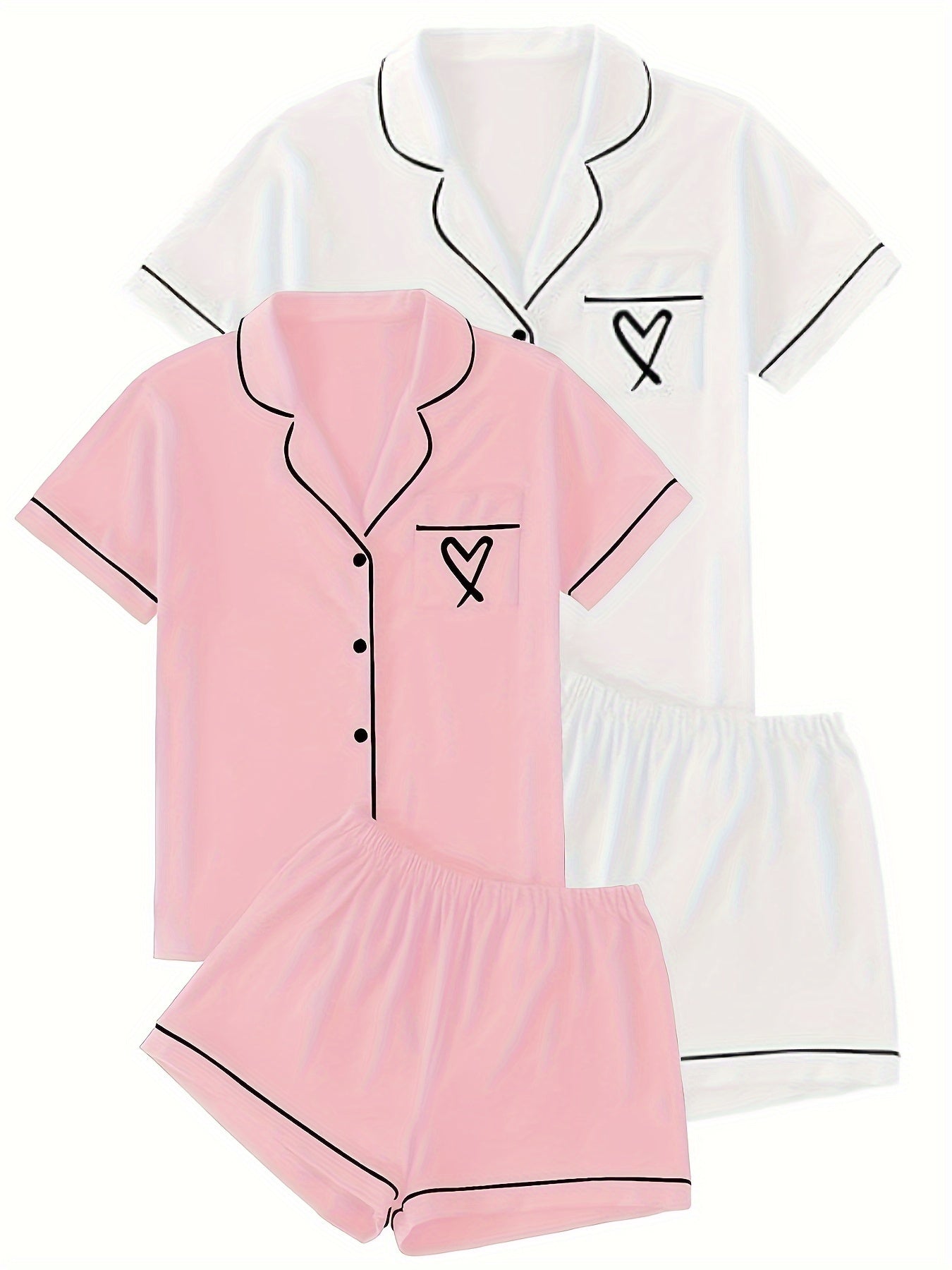 2 Sets Women's Heart Embroidery Casual Pajama Set, Short Sleeve Buttons Lapel Top & Shorts, Comfortable Relaxed Fit