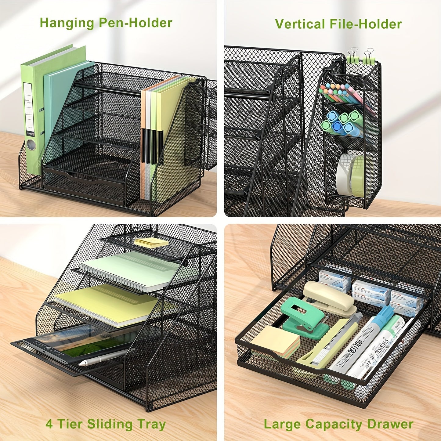 Desk Organizer with Drawers and Pen Holder Tray Organizer, Mesh Desktop Storage with Magazine Rack, Suitable for Office Supplies