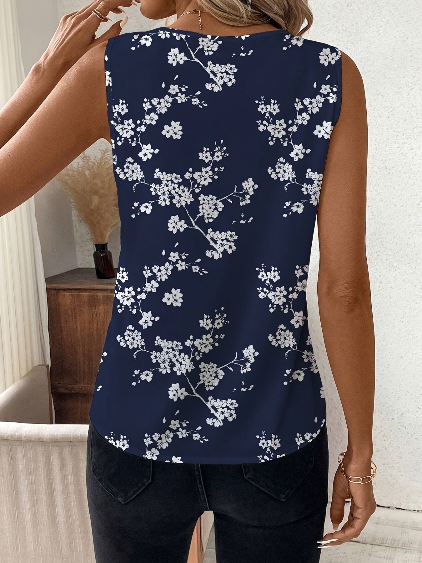 Women Fashion Printed Short Sleeve V Neck Basic Pleated Plain Button Square Collar Sleeveless Vest Print Summer Tank Tops