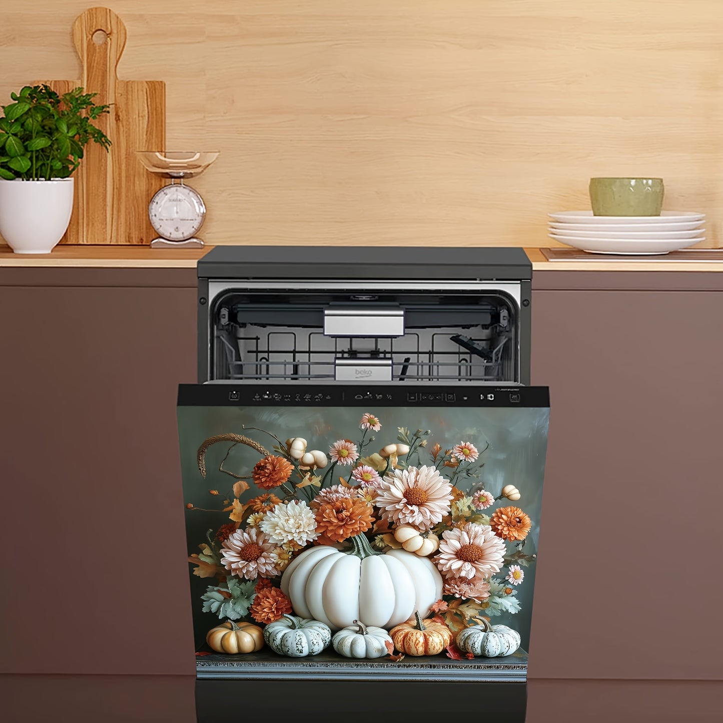 Chic Pumpkin & Autumn Chrysanthemum Magnetic Cover for Dishwasher and Refrigerator - Easy Clean, No Glue Needed - Perfect for Kitchen Decor, 23.03x25.59 Inches