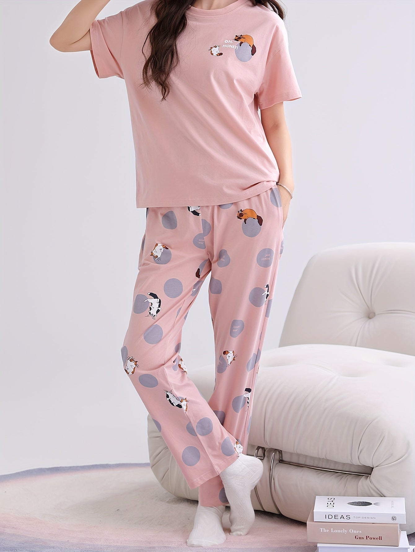 Cute Cat & Dot & Letter Print Lounge Set, Short Sleeve Round Neck Top & Elastic Pants, Women's Loungewear