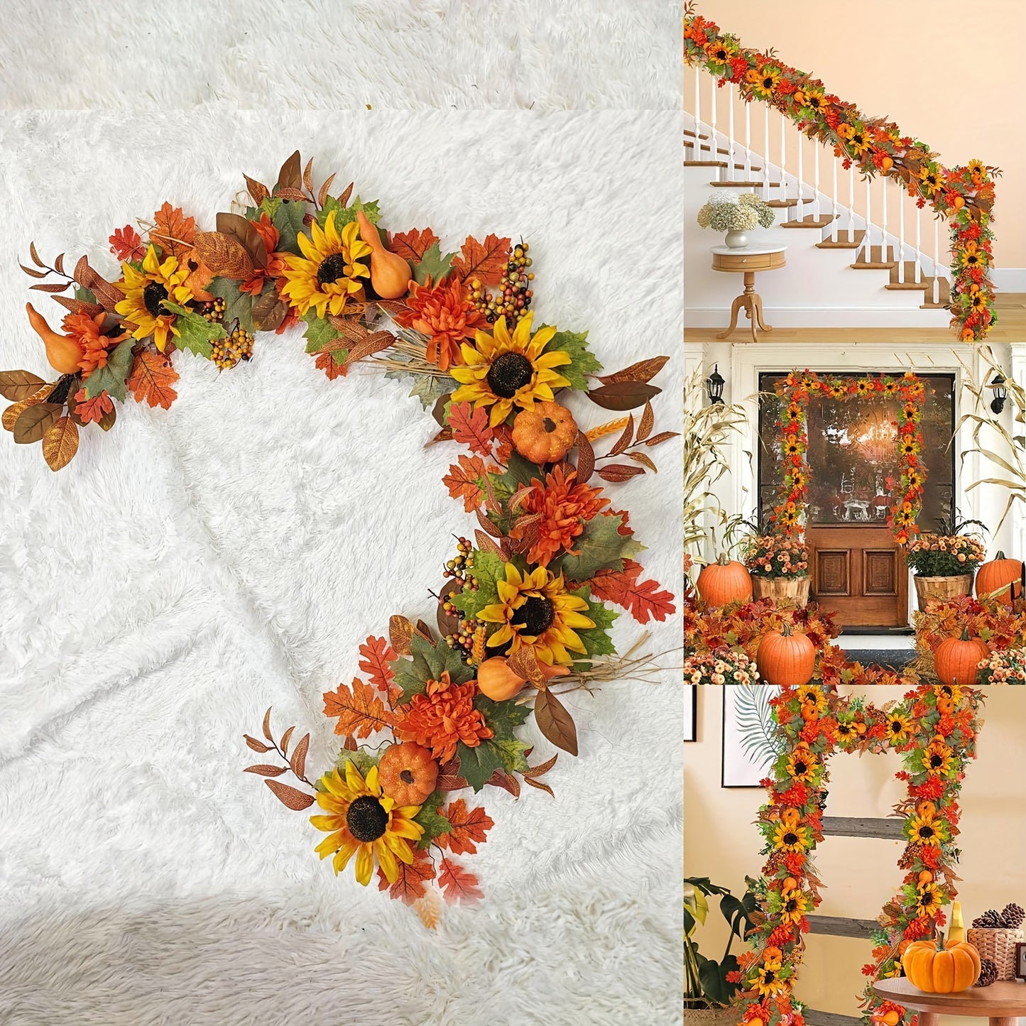 Festive 150cm/59.05inch Autumn Door Hanging: Thanksgiving Pumpkin & Sunflower Garland - No Feathers, Plastic Material, Suitable for Door Installation, Floral Theme, No Electricity Required