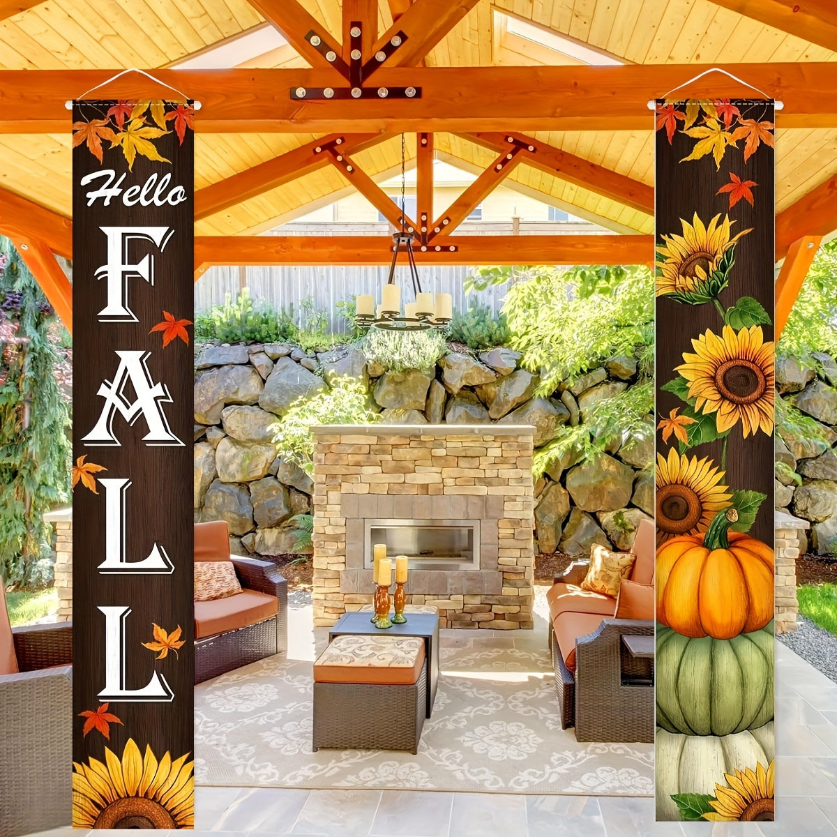 Hello Autumn" 2pcs Porch Banner Set - Maple Leaf & Sunflower Design, Welcome Front Door Decor, Seasonal Farmhouse Thanksgiving Outdoor Decoration, Durable Polyester