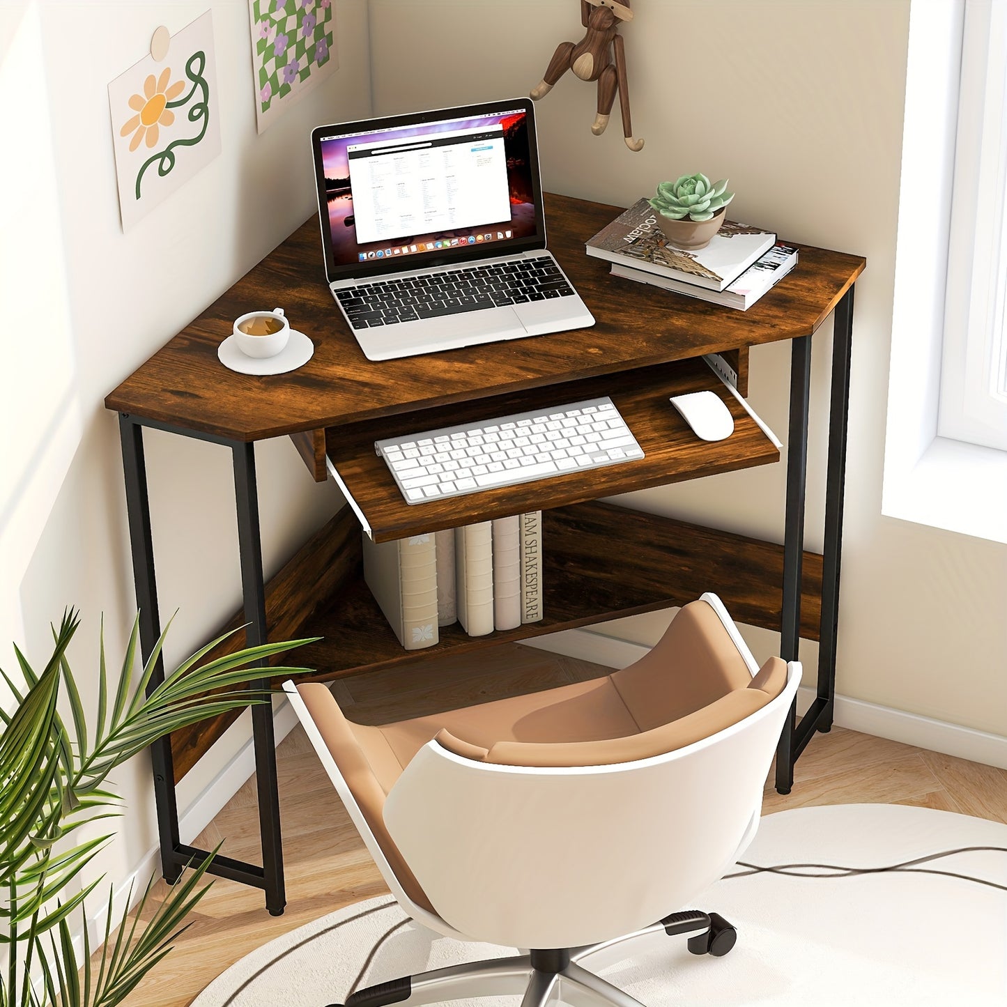 COSTWAY Triangle Corner Computer Desk W/ Charging Station Keyboard Tray & Storage Shelf