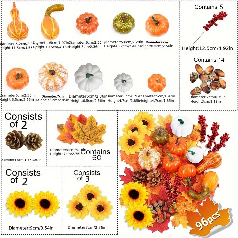 96 Piece Classic Style Autumn Decor Set - Plastic Faux Pumpkins, Gourds, Sunflowers, Acorns, Maple Leaves - Versatile Tabletop Decorations for Halloween, Thanksgiving, Christmas, Easter, New Year