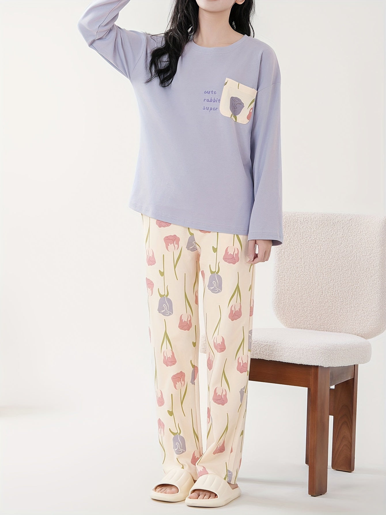 Cozy Cotton Floral & Letter Print Pajama Set for Women - Long Sleeve, Round Neck with Dual Pockets, Casual Loungewear for Fall/Winter