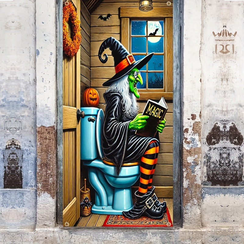 Scary Green Witch Reading Toilet Halloween Door Cover - Durable Polyester, Indoor/Outdoor Party Decor, 35.43 x 70.86 Inch, Perfect for Entrance & Garden