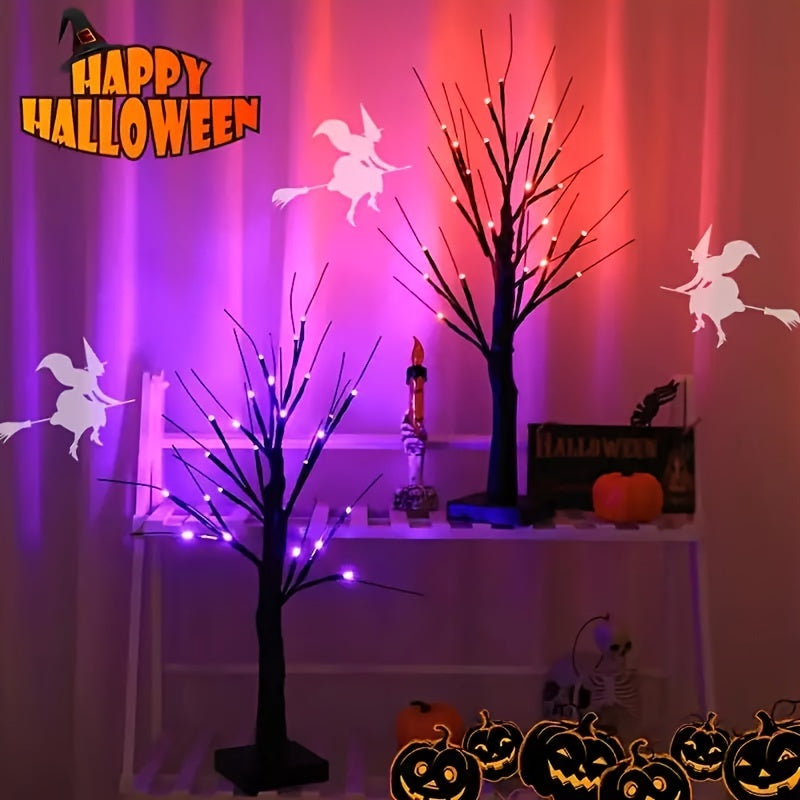 2 Pack, Halloween Party Decoration Artificial Tree Lights, Purple And Orange 24 LED Lights, 18 Mysterious Tree Light Accessories Comes With Random Gift, Powered By AA Batteries And USB