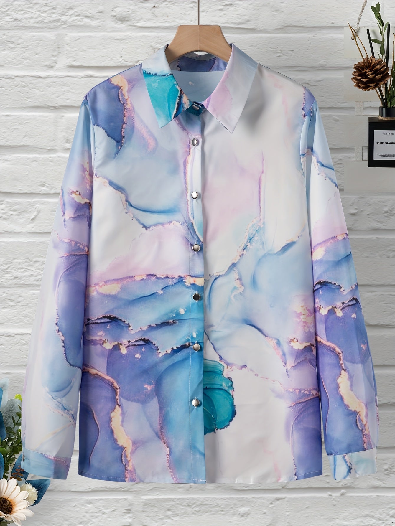 Marble Print Button Front Shirt, Casual Versatile Long Sleeve Shirt, Women's Clothing