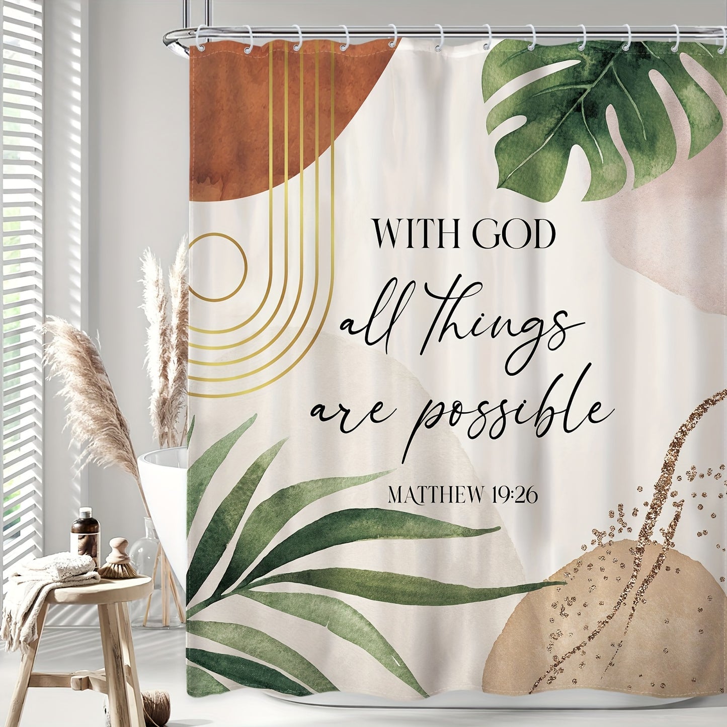 1pc Boho Bible Verse Shower Curtain, Inspirational Scriptures Quotes Abstract Tropical Green Palm Leaf Mid Century Christian Shower Curtain, Bathroom Bath Accessories, Home Decor Fabric 12 Pack Hooks, 60Wx72L Inches