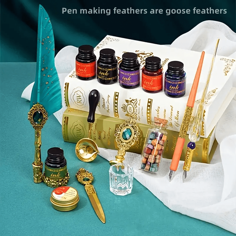 Feather Pen Calligraphy Ink Set - Personalized Gift Box, Medium Point, Metal Body, Round Shape, Mechanical Gear, Steampunk Design, Dip Pen for Writing, Drawing, Signing, Retro Decoration, and Unique Gifts