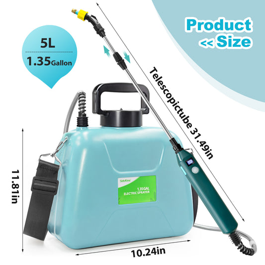 1.35 Gallon/5L Battery Powered Sprayer, Electric Sprayer with USB Rechargeable Handle, Battery Indicator, Garden Sprayer with Telescopic Wand, 3 Nozzles, Adjustable Shoulder Strap (Blue)