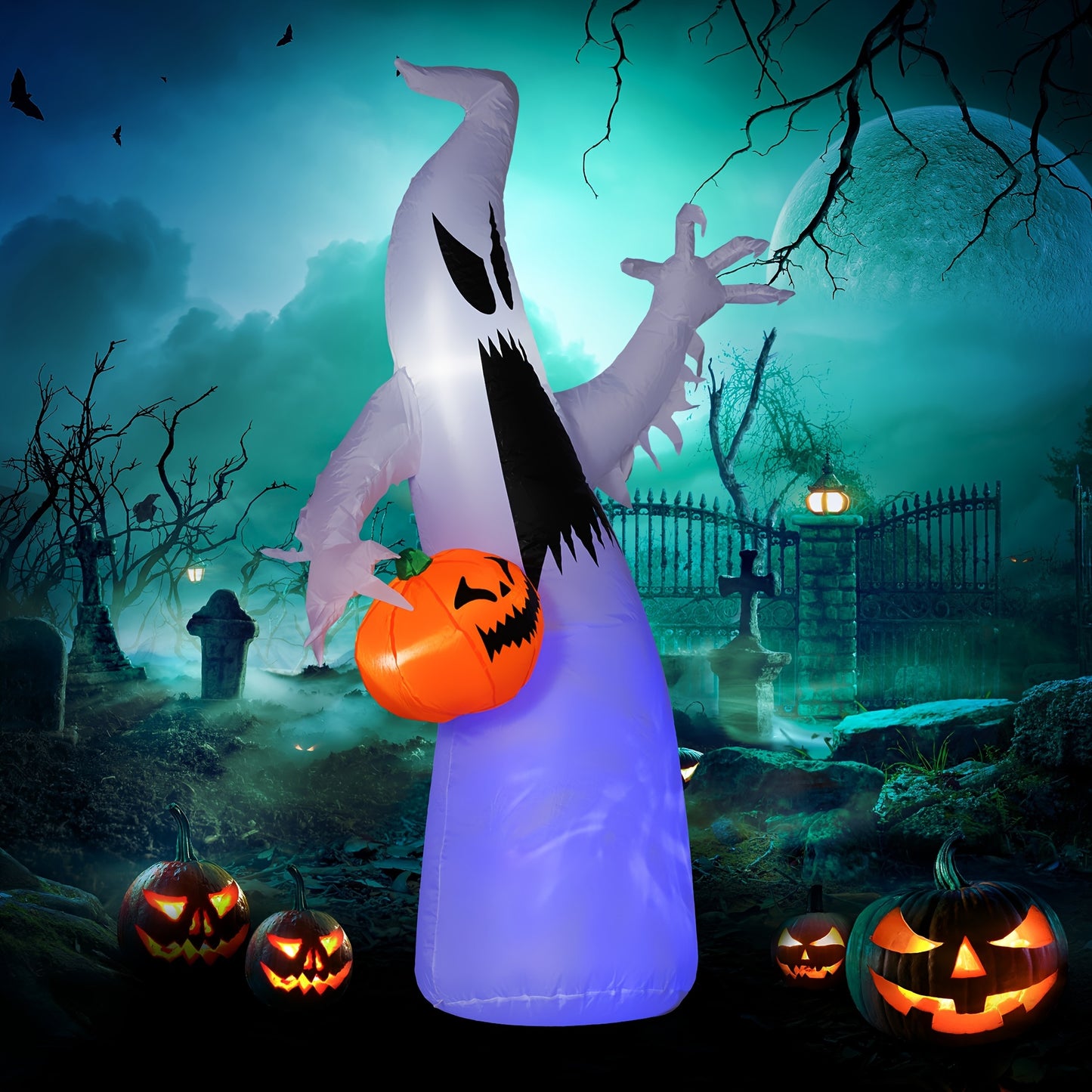 HOMCOM 5.9' Halloween Inflatable Outdoor Decoration Ghost With Pumpkin, Blow Up LED Yard Decor For Garden, Lawn, Party, Holiday,, Purple