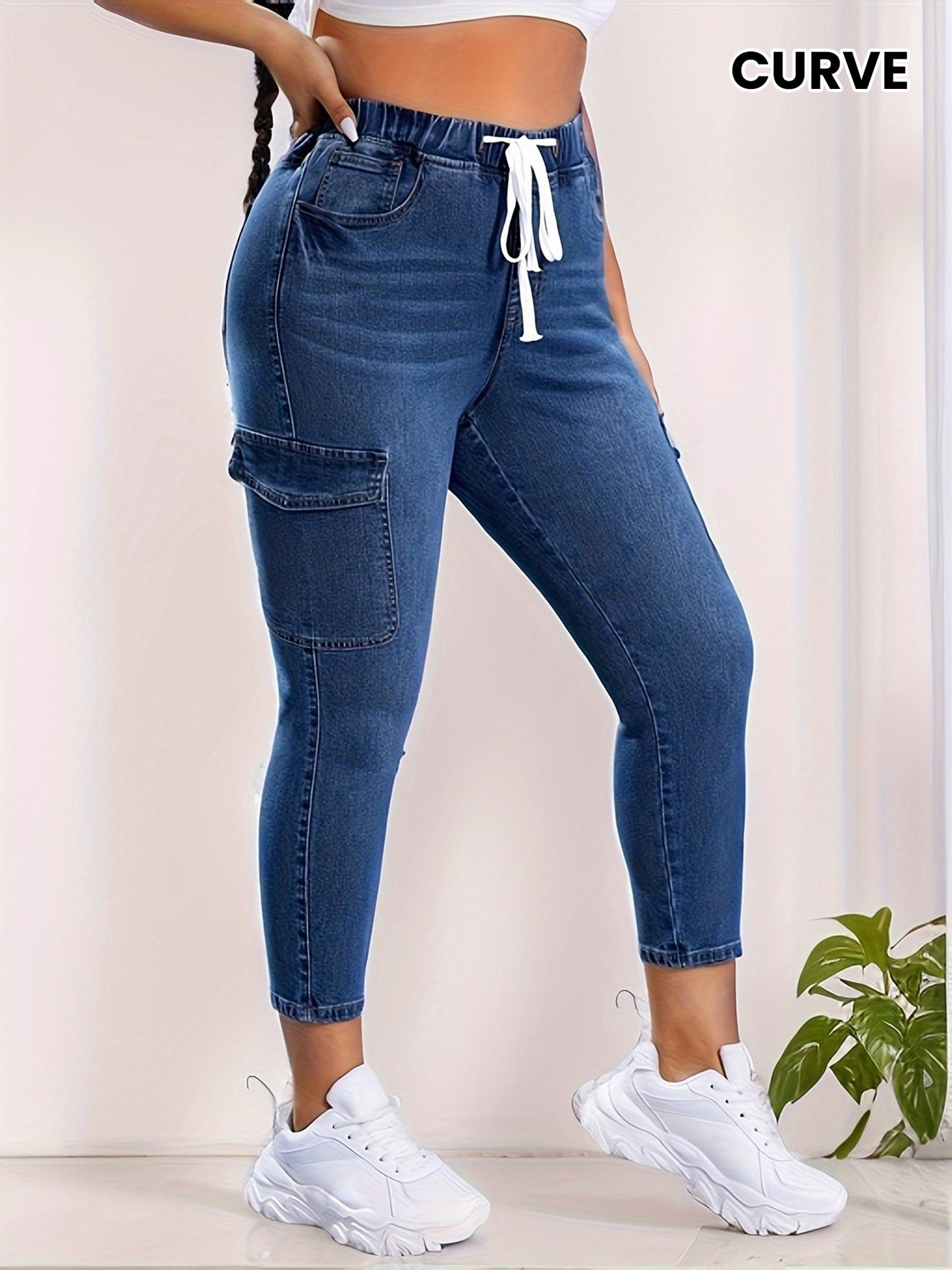 Women's Casual Jeans, Plus Size Drawstring Waistband Whiskering Side Flap Pocket Stretchy Skinny Cropped Denim Pants