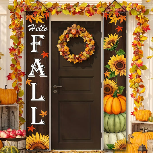 Hello Autumn" 2pcs Porch Banner Set - Maple Leaf & Sunflower Design, Welcome Front Door Decor, Seasonal Farmhouse Thanksgiving Outdoor Decoration, Durable Polyester