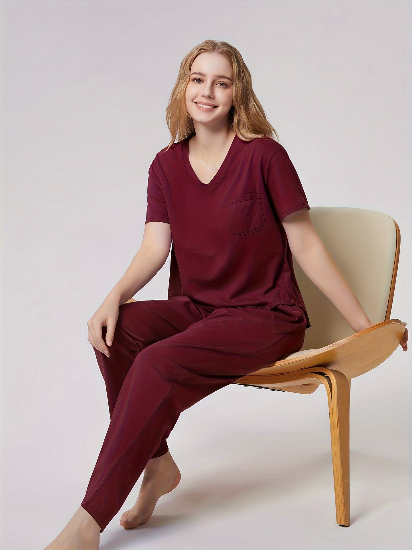 SIORO Womens casual Pajamas Set Short Sleeve Sleepwear V-neck Tops Loungewear Nightwear with Long Pants