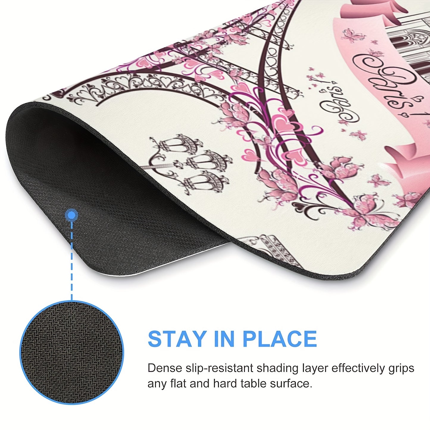 Love Paris Vintage Floral Eiffel Mouse Pad Thickened 9.45 * 7.9 Inches 3mm Thick Computer Anti-skid Rubber Mouse Pad