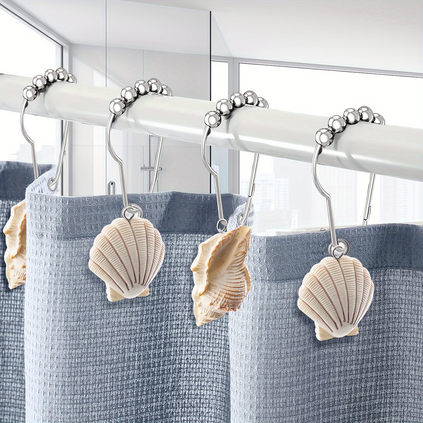 12pcs Stainless Steel Conch Shell Shower Curtain Hooks - Rustproof, Decorative Bathroom Accessories