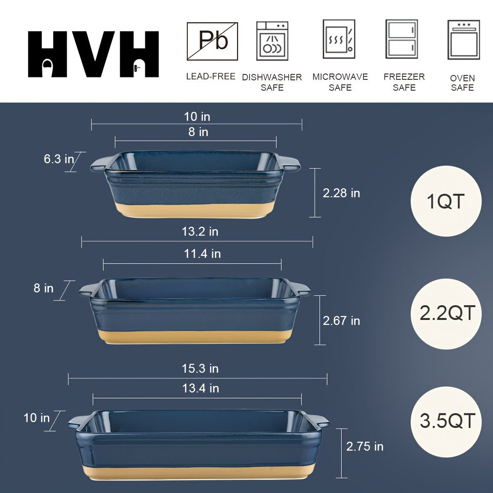 HVH Baking Dish Set, 9x13 Baking Dish, Large Casserole Dish Set, Ceramic Lasagne Pan Deep, Baking Dishes for Casseroles 13 x 9, Ceramic Bakeware Set of 3, Farmhouse Style