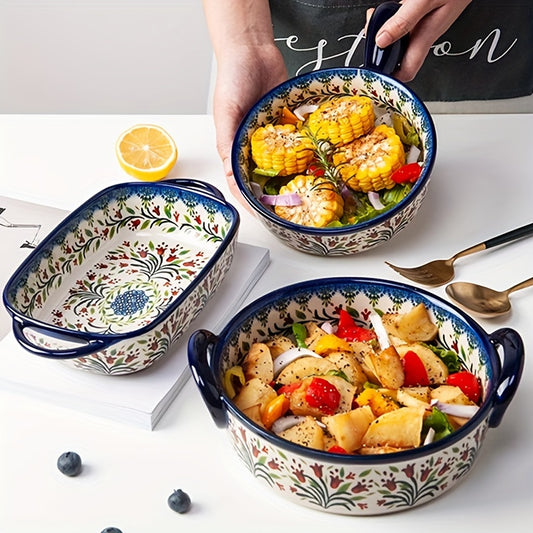 Hand-Painted Ceramic Baking Dish Set with Handles - Colorful, Round Casserole for Salads, BBQs & Cheese Dishes - Perfect for Cooking, Cake Dinners & Kitchen Decor